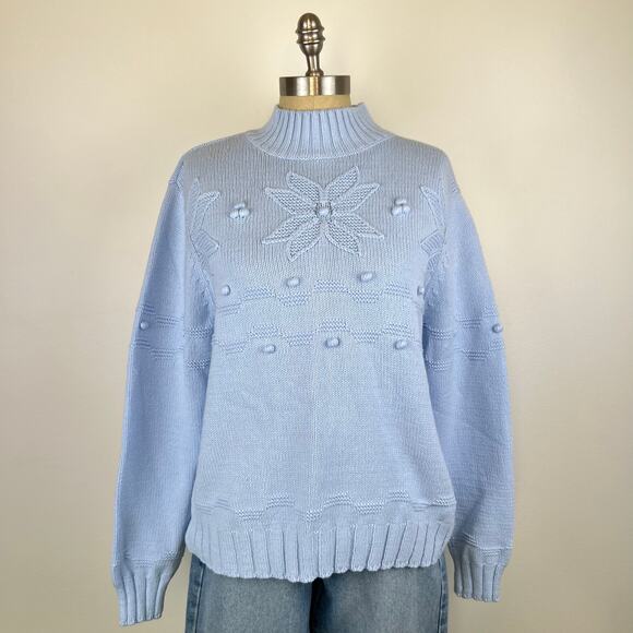 Vintage Croft and Barrow Blue Poinsetta Knitted Mock Neck Pullover Sweater (XL) - Picture 11 of 12